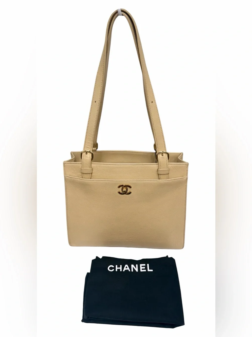 Authentic CHANEL Vintage Beige Caviar Turn-Lock Tote Beige Caviar Leather